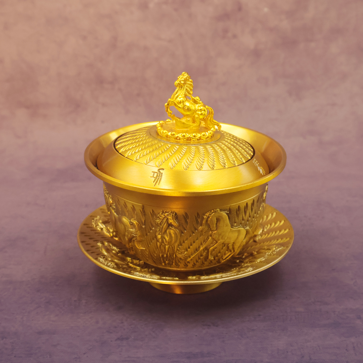 新中式八骏马转转茶碗客厅办公室装饰品摆件