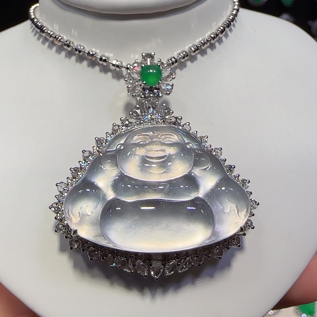 翡翠吊坠(不含链)18K金镶嵌佛公