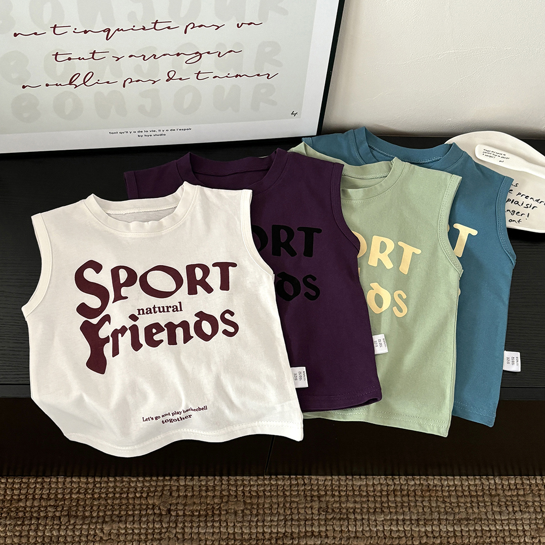 儿童纯棉背心夏季印花字母韩版男女宝T恤无袖薄款坎肩糖果色562