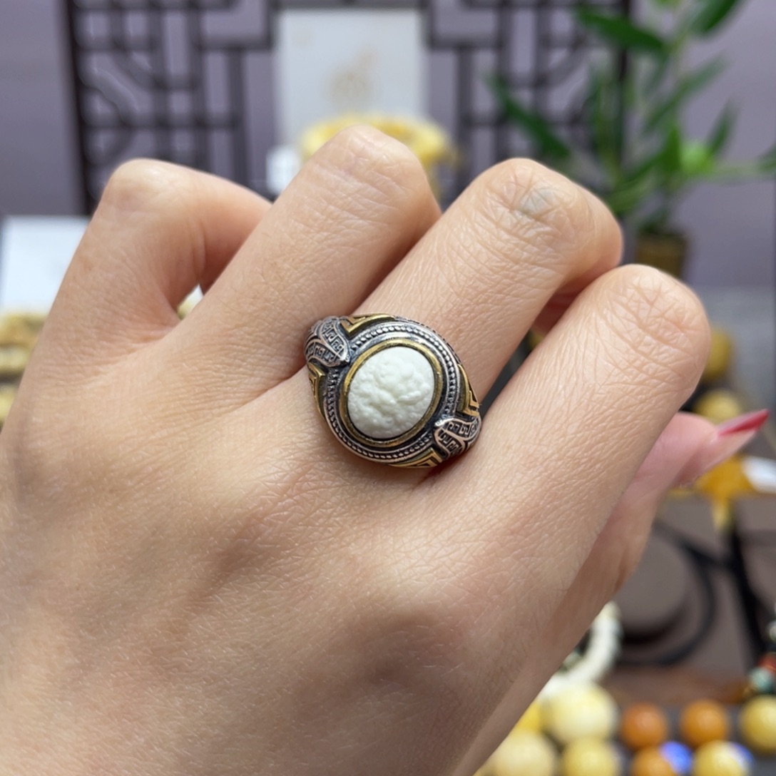 蜜蜡裸石银S925镶嵌白蜡戒指s925