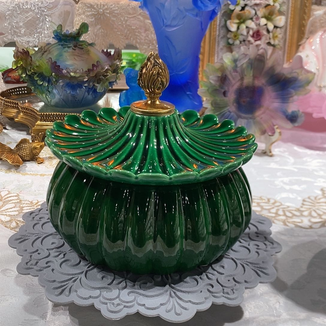 摆件F3267铜配瓷祖母绿南瓜盖盒