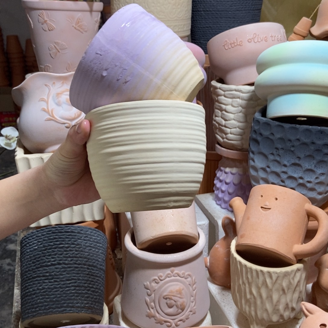 12×10拉丝盆 白+紫 粗陶2个