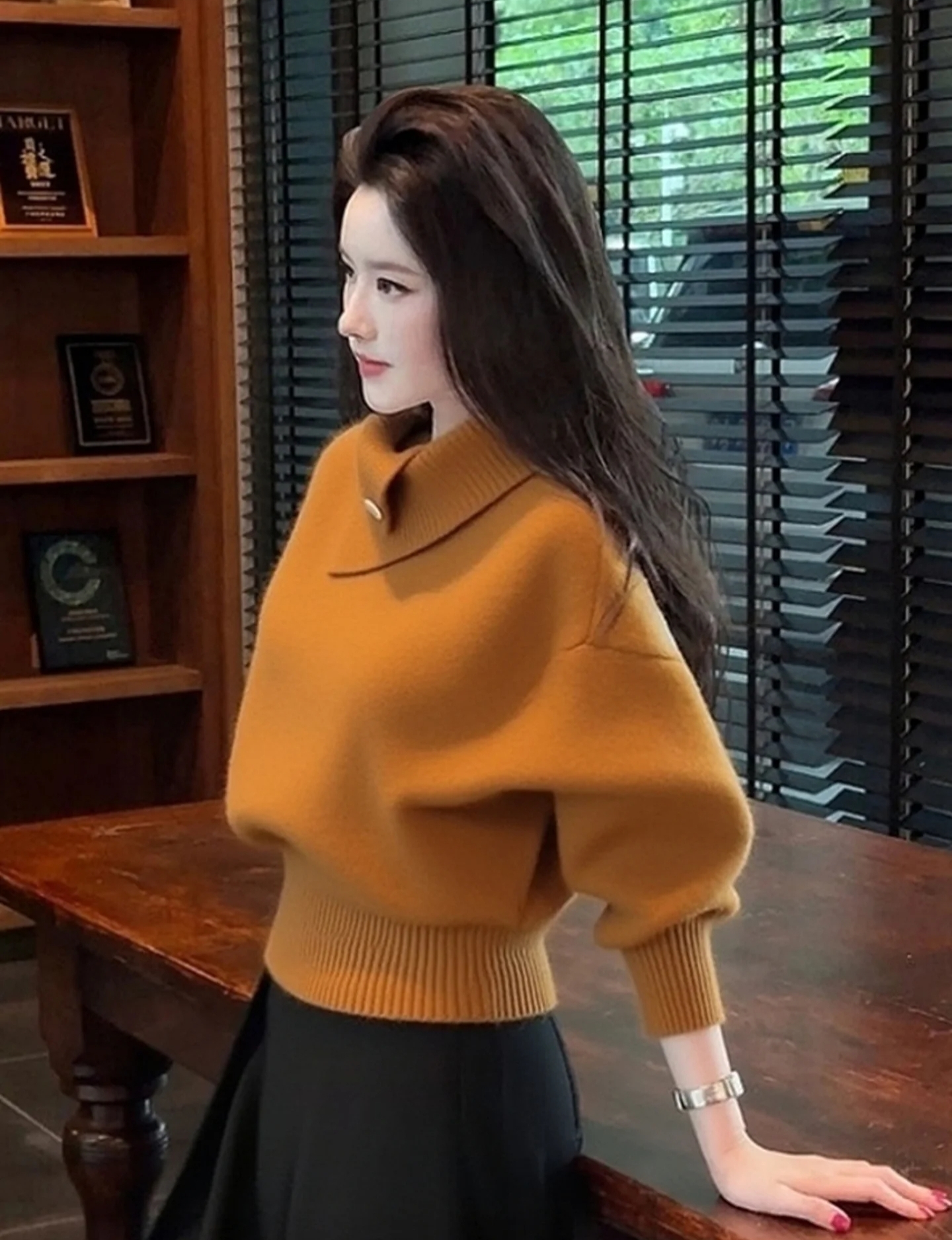 女韩系橘色女高领针织衫高领针织衫冬季毛针织衫上衣
