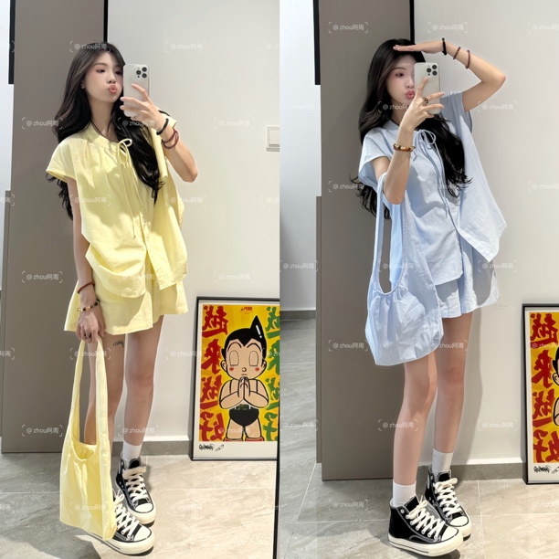 2025夏季新款小个子女纯棉衬衫甜美韩风宽松显瘦系带套装ins