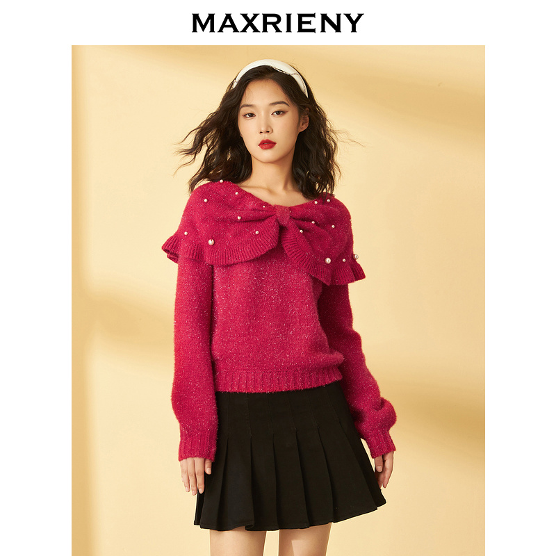 MAXRIENY蝴蝶结领针织毛衫冬季新款复古毛针织披肩领毛衣女