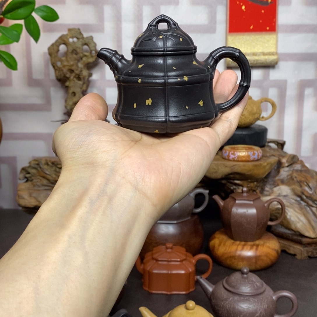 紫砂茶壶紫砂茶具朱泥捂灰六方竹鼎