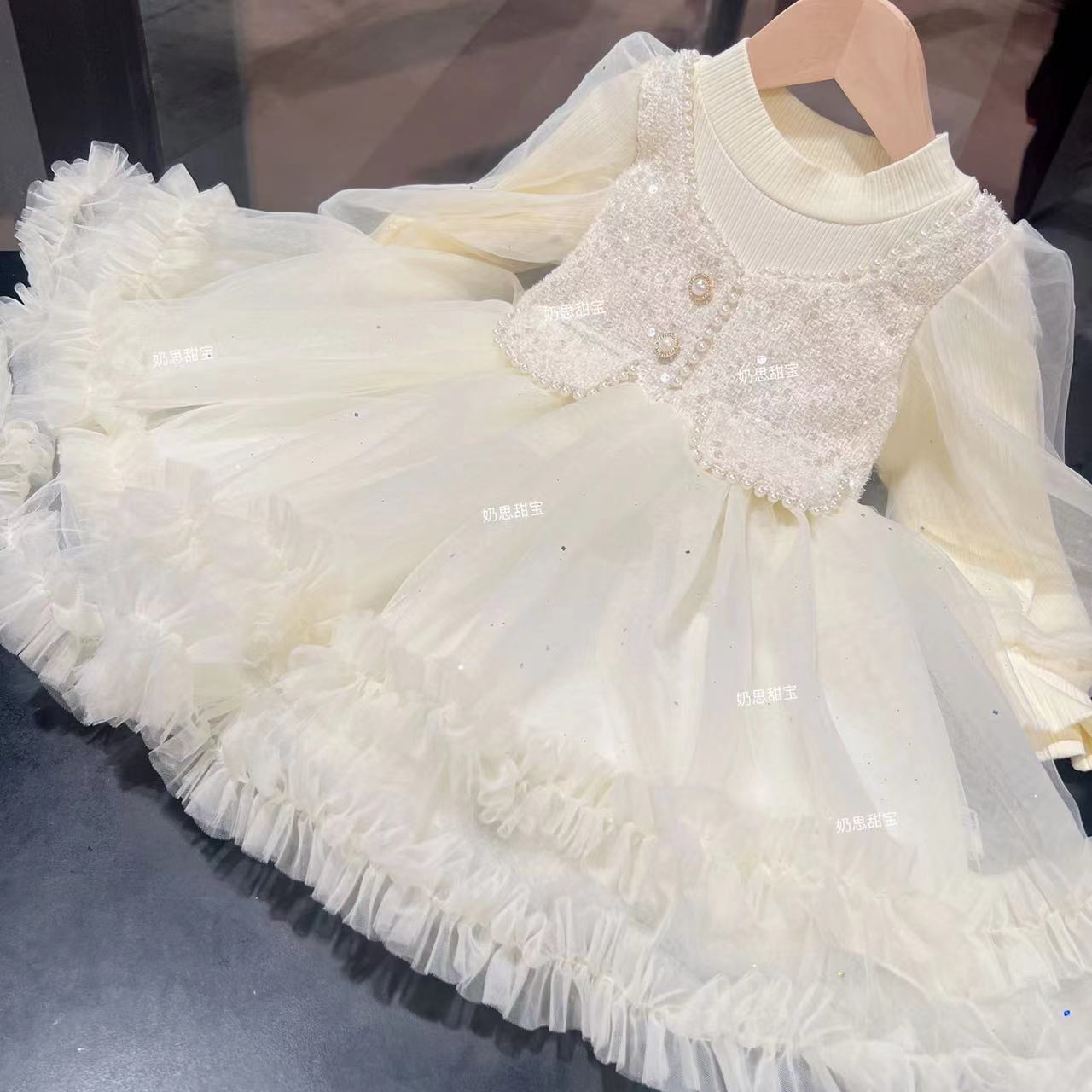 【2508秋款和加绒】2025香槟色小香风女童秋冬网红儿童公主裙