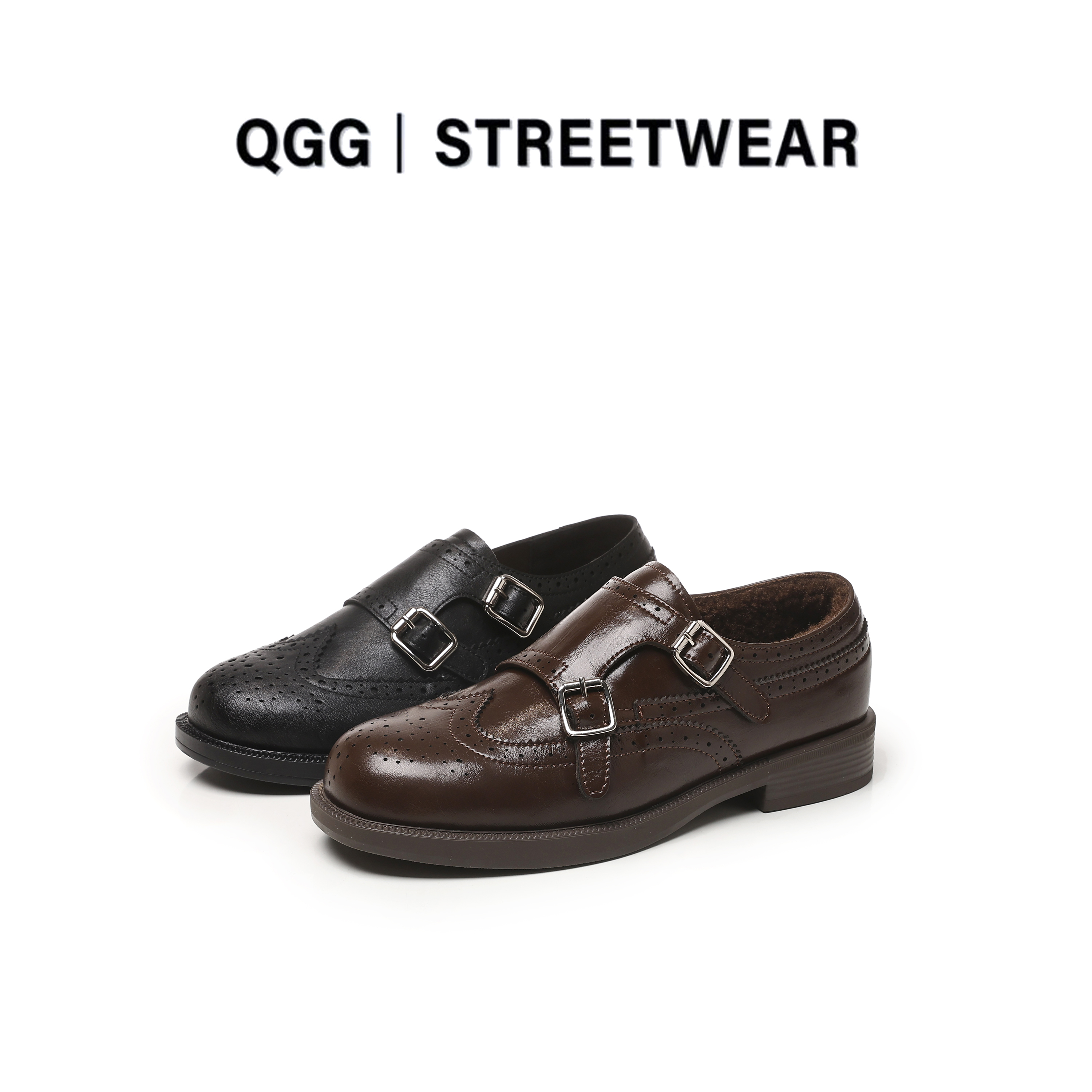 QGG真皮乐福鞋2025复古布洛克雕花一脚蹬加绒英伦风皮鞋LZ8688