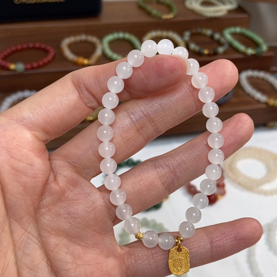 和田玉银S925镶嵌手链福利6mm冰白