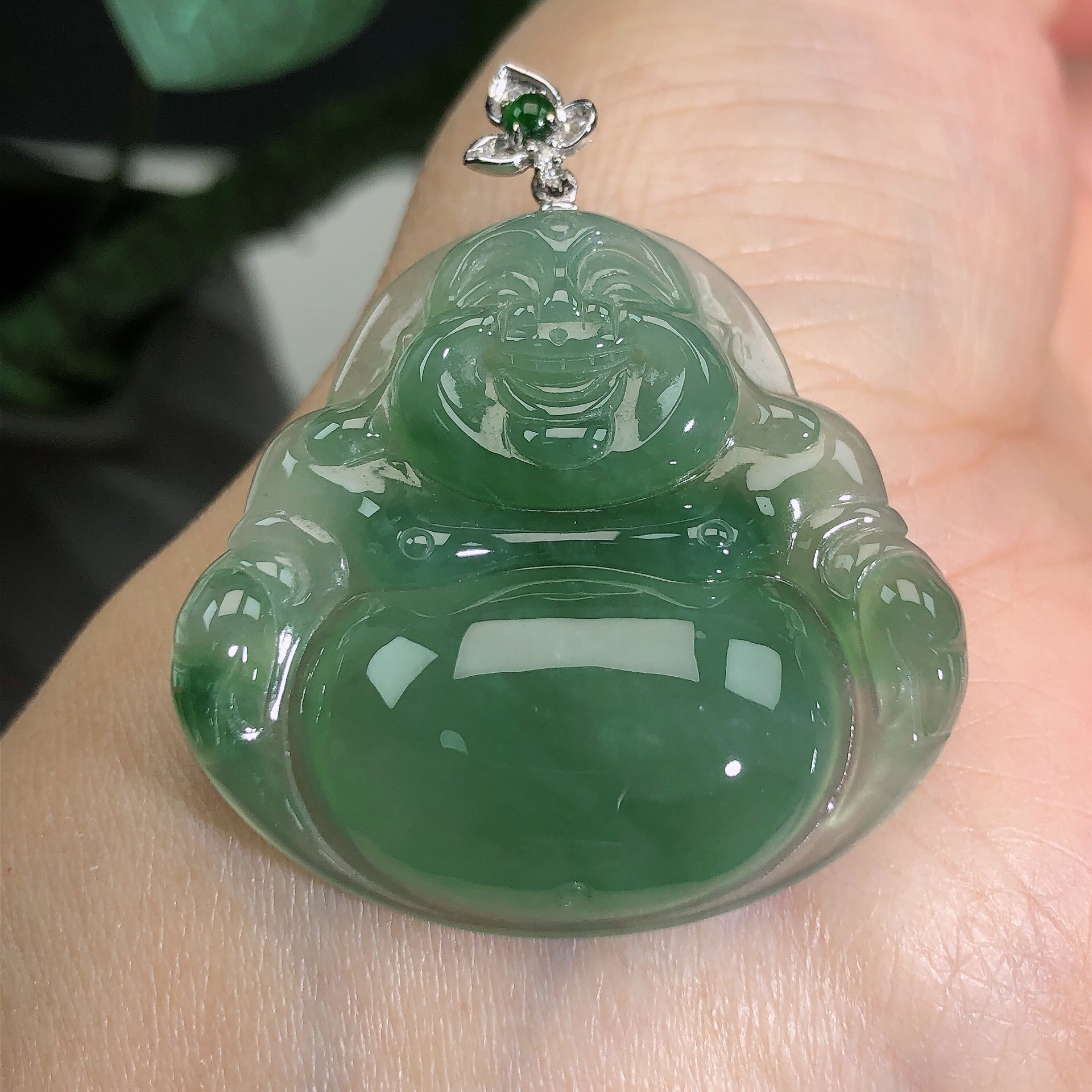天然缅甸A货翡翠18K金镶老坑冰润满绿大肚笑佛佛公吊坠31*33*6.4
