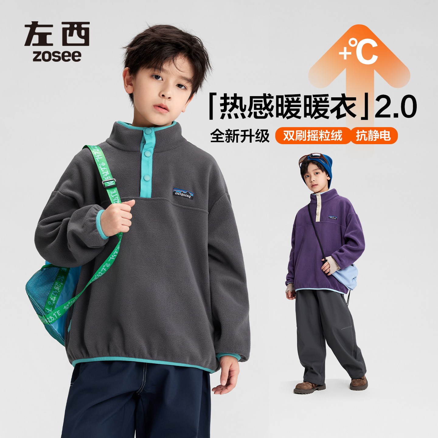 【自在从绒】左西童装男童秋冬款2025儿童摇粒绒撞色立领半开拉链
