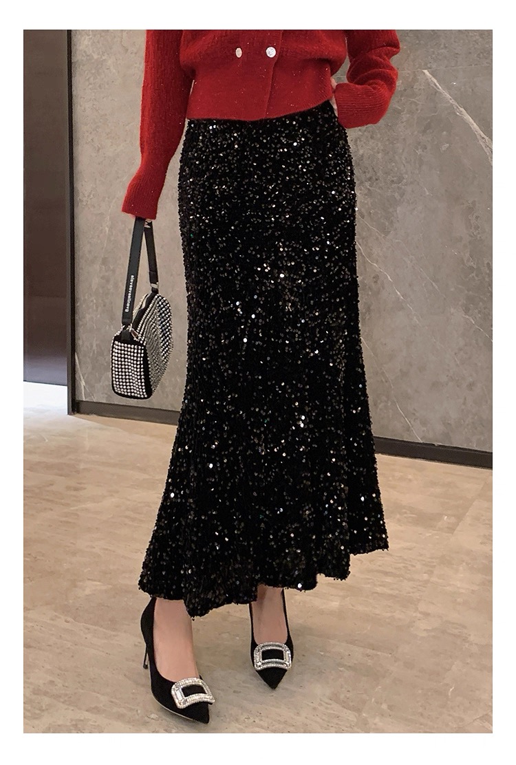 深圳南油亮片裙黑色A字半身裙长裙女秋冬季2025新款高腰鱼尾半裙