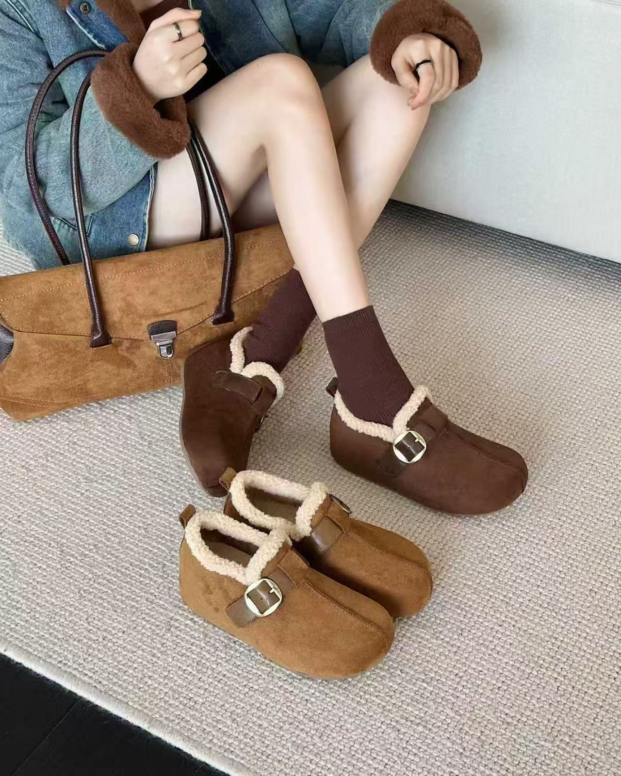 真皮厚底二棉勃肯鞋女新款秋冬加绒保暖棉鞋一脚蹬懒人鞋272181