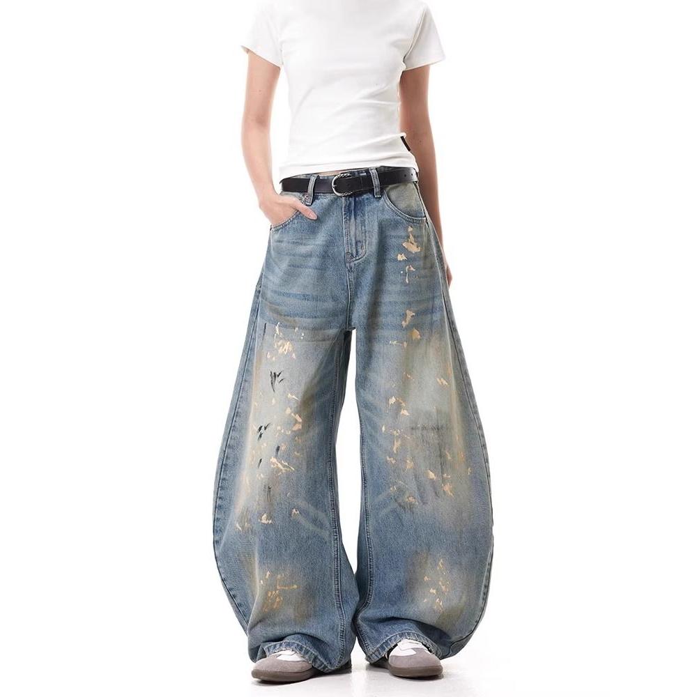 复古做旧泼墨设计弯刀牛仔裤男女宽松直筒美式阔腿休闲拖地长裤子