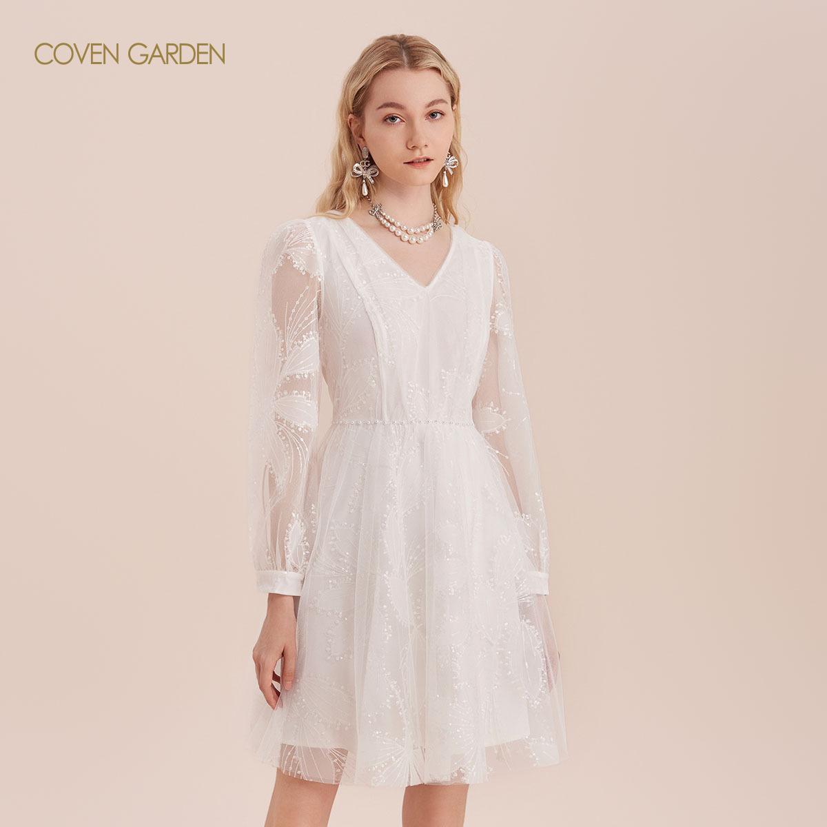 哥文花园刺绣白色仙气公主连衣裙名媛伞裙CTA3085140