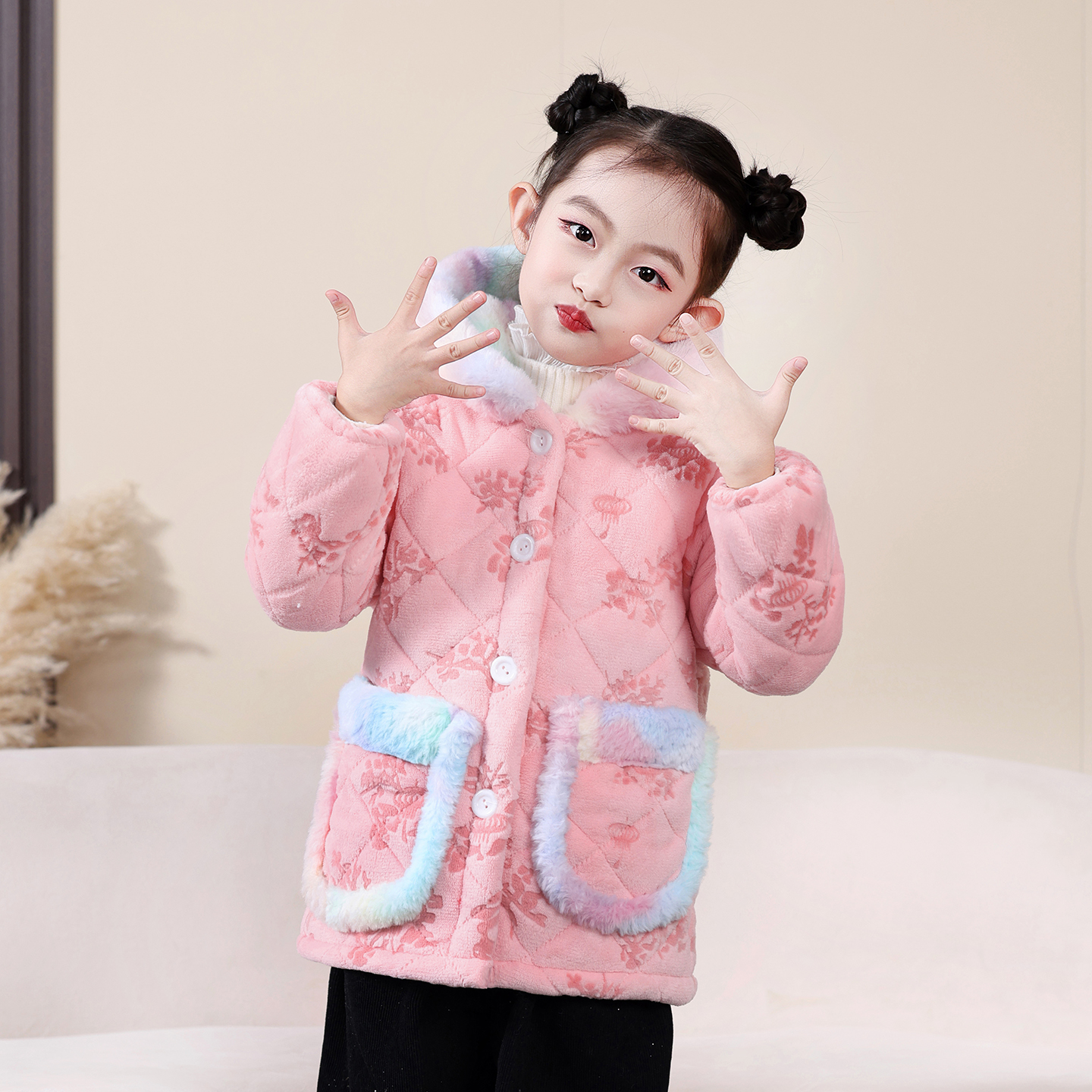 厚款印花公主风连帽棉服加绒男童宝宝童装