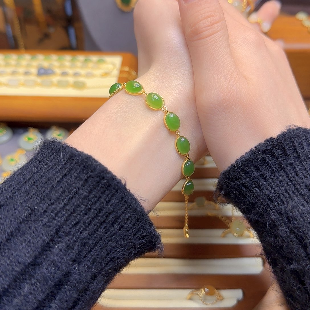 和田玉手链银S925镀金镶嵌