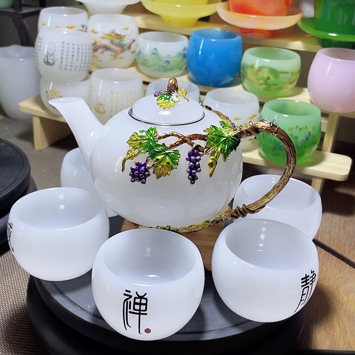 琉璃中式珐琅彩多子多福一壶六杯礼盒套装