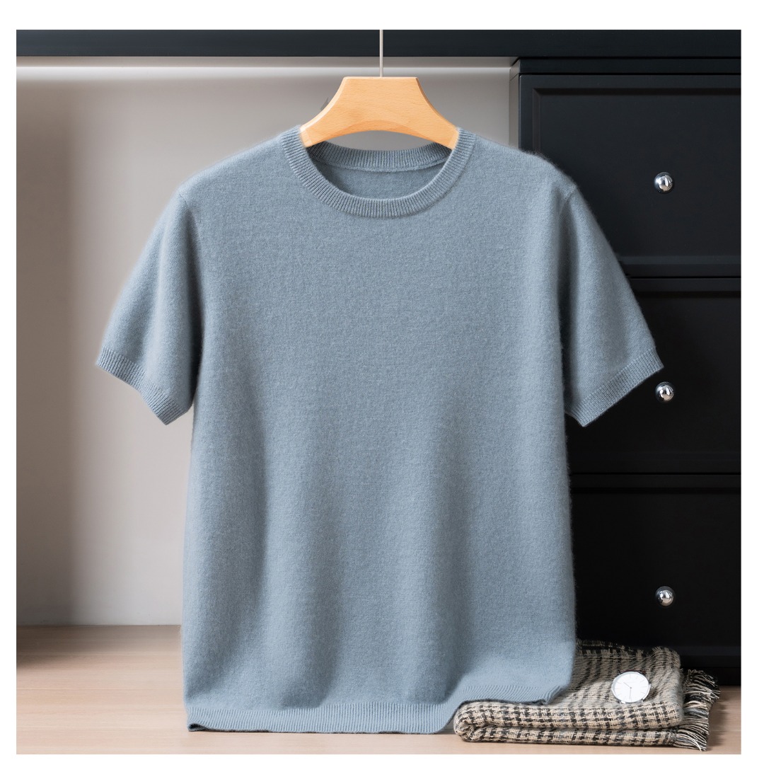 【12针常规款】100%纯山羊绒圆领时尚都市休闲短袖简约男士修身毛衣