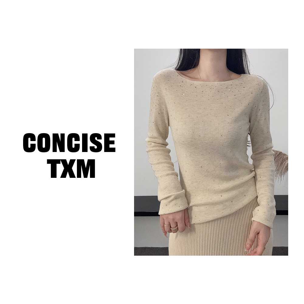 【唐小木】一字烫钻打底衫 气质修身百搭针织衫 S1045