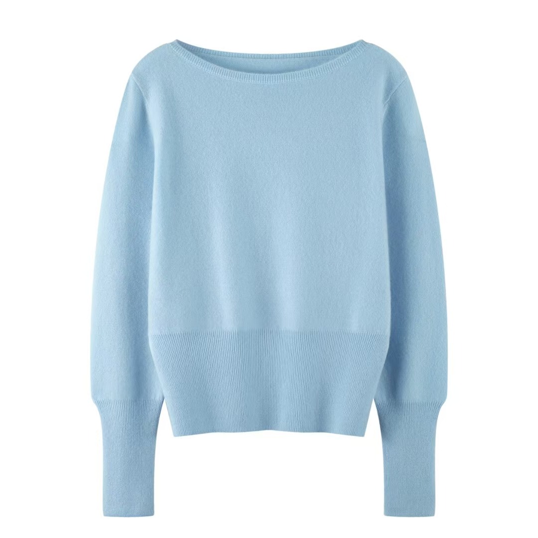 100%纯山羊绒女款一字领高腰时尚套头衫