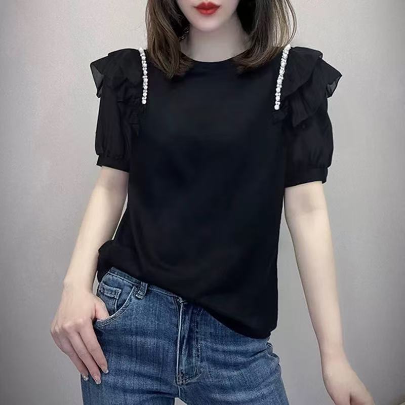 夏季大码胖mm气质木耳边钉珠时尚百搭显瘦短袖上衣
