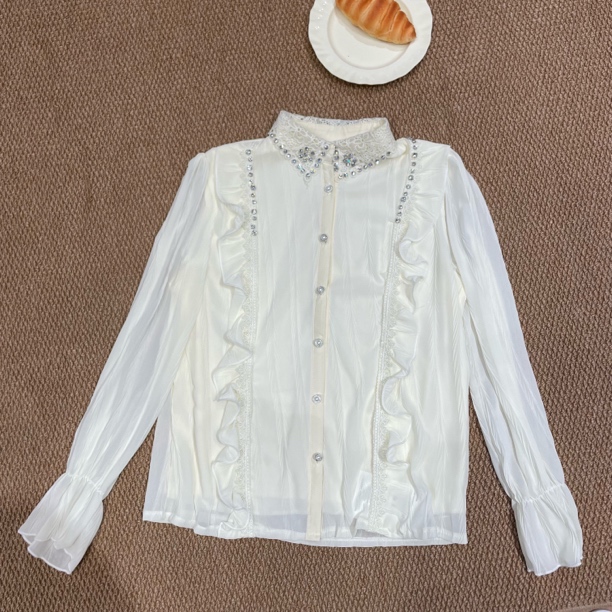 新疆包邮【196】翻领亮钻蕾丝边衬衫-衣长63