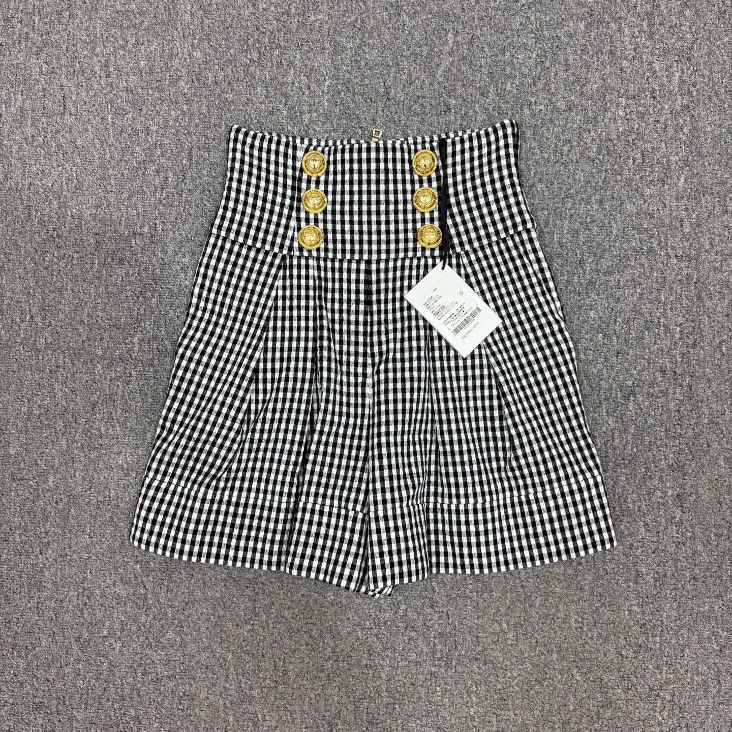 未使用 BALMAIN/巴尔曼 16246390 黑色格纹棉质高腰褶裥短裤 36码