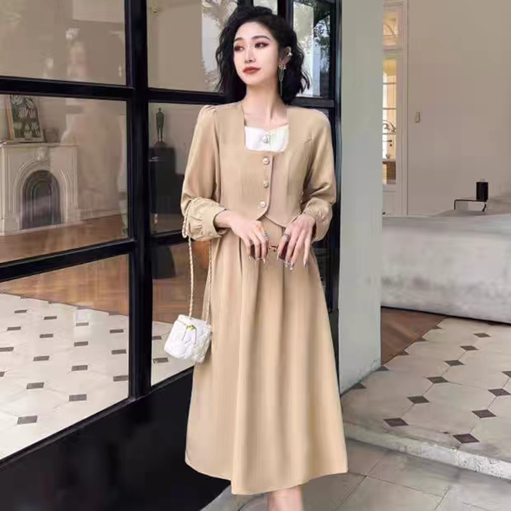 E23062【新款】时尚韩版设计感小众通卡其色连衣裙