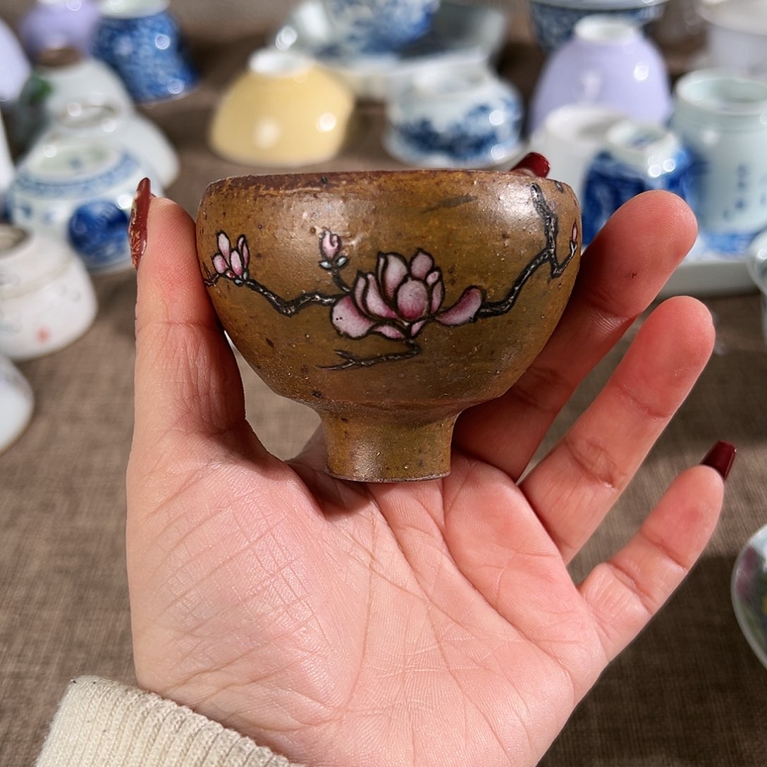 柴烧陶泥带彩功夫杯