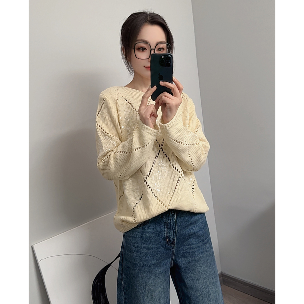 设计感亮片镂空慵懒时髦针织羊毛混纺毛衣女秋冬圆领针织衫高级感