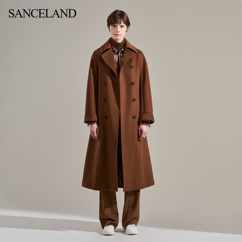 SANCELAND三石一澜冬翻驳领双排扣长款羊毛羊绒大衣SH47114012