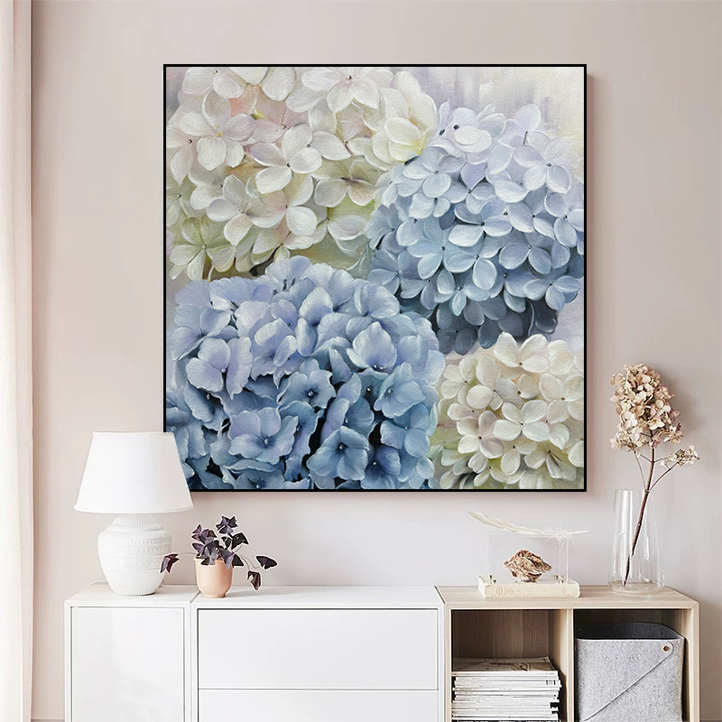 （绣球花）手绘油画现代简约定制正方形斗柜客厅高级感挂画餐厅挂画