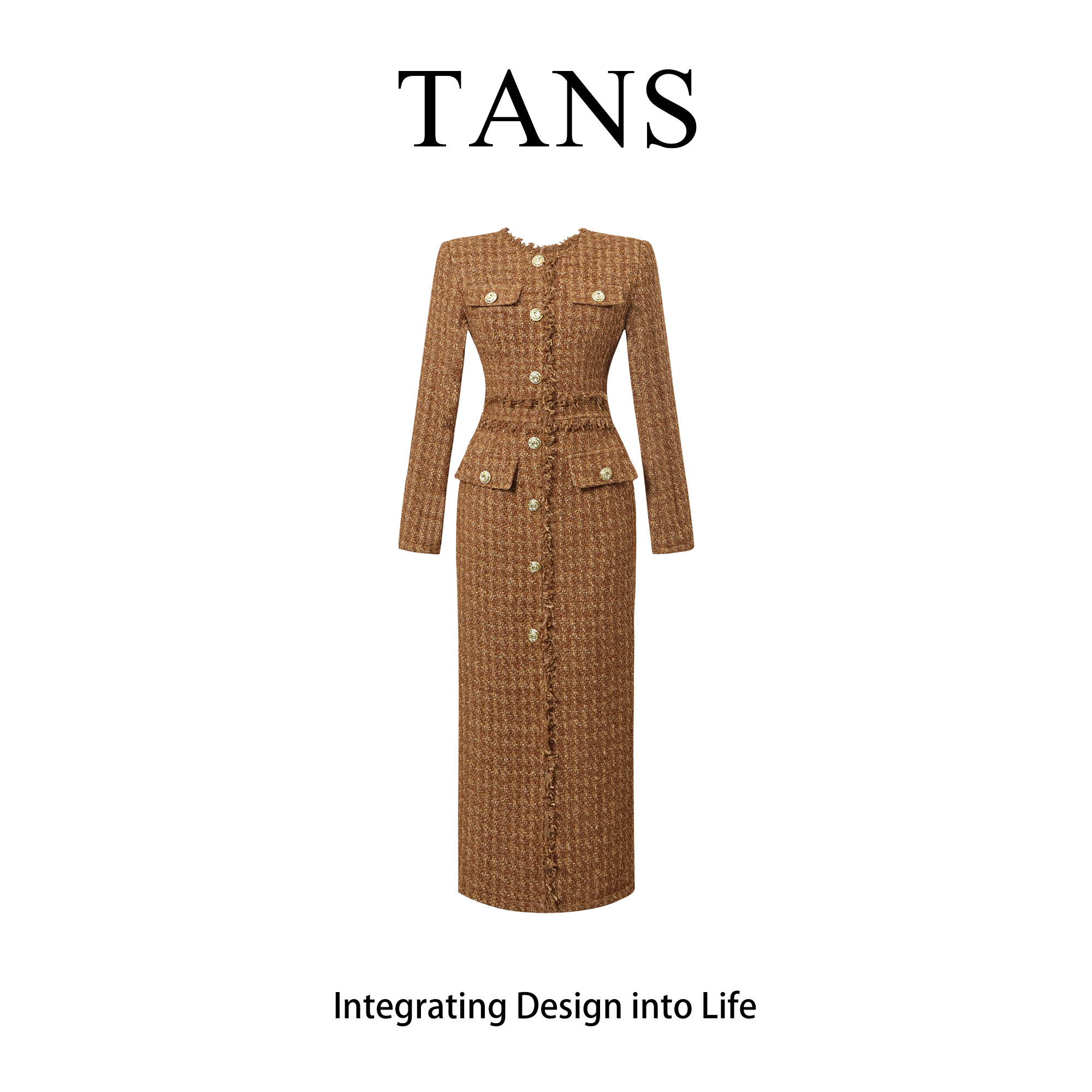 TANS【秋冬新品】小香风名媛气质长款连衣裙女冬季高级感