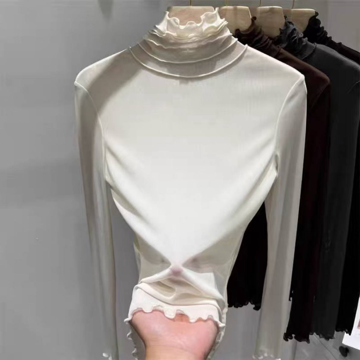 （XY）薄款气质木耳边半高领双层网纱长袖T恤女秋新款内搭打底衫