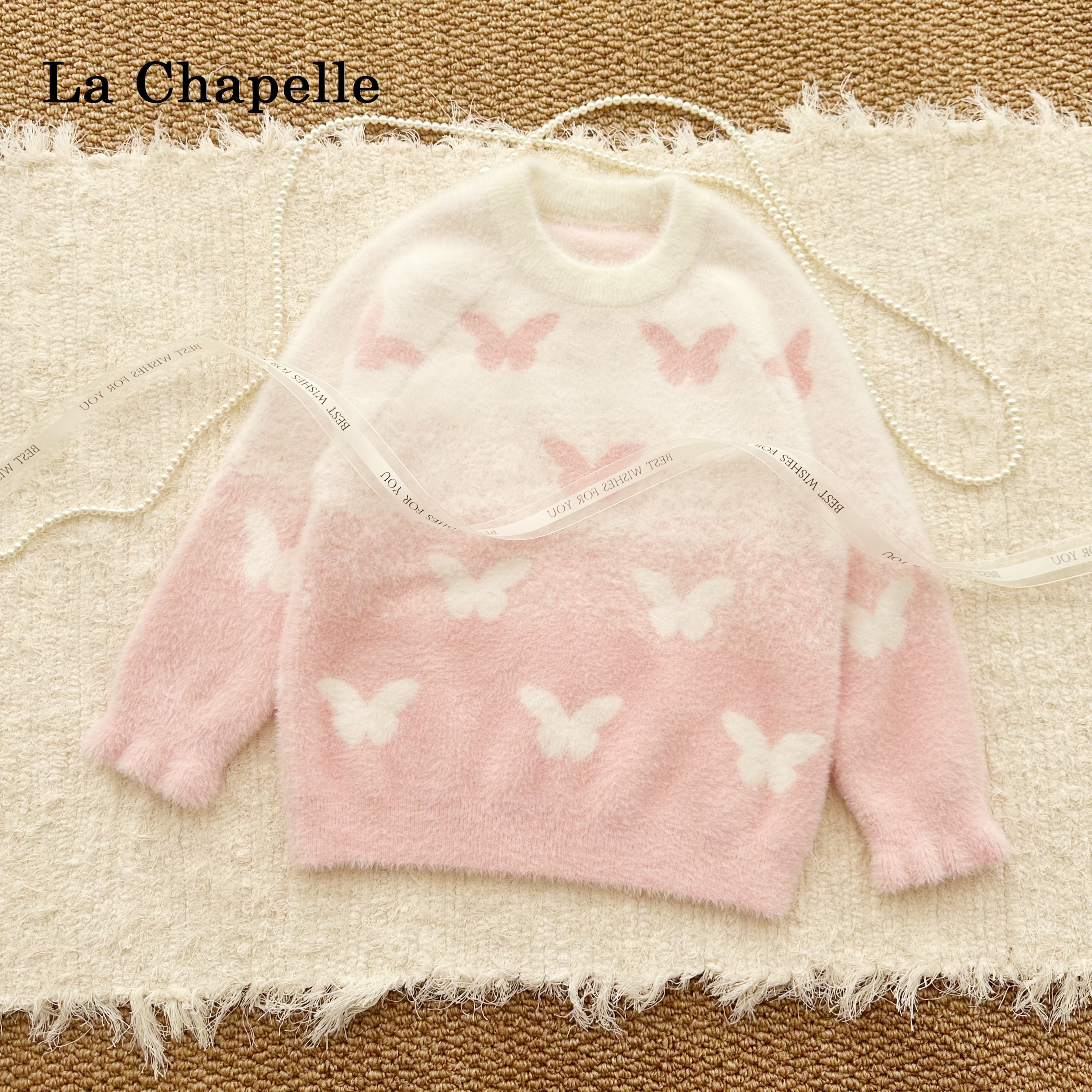 La Chapelle/拉夏贝尔女童仿貂毛衣秋冬渐变儿童针织套头内搭童装