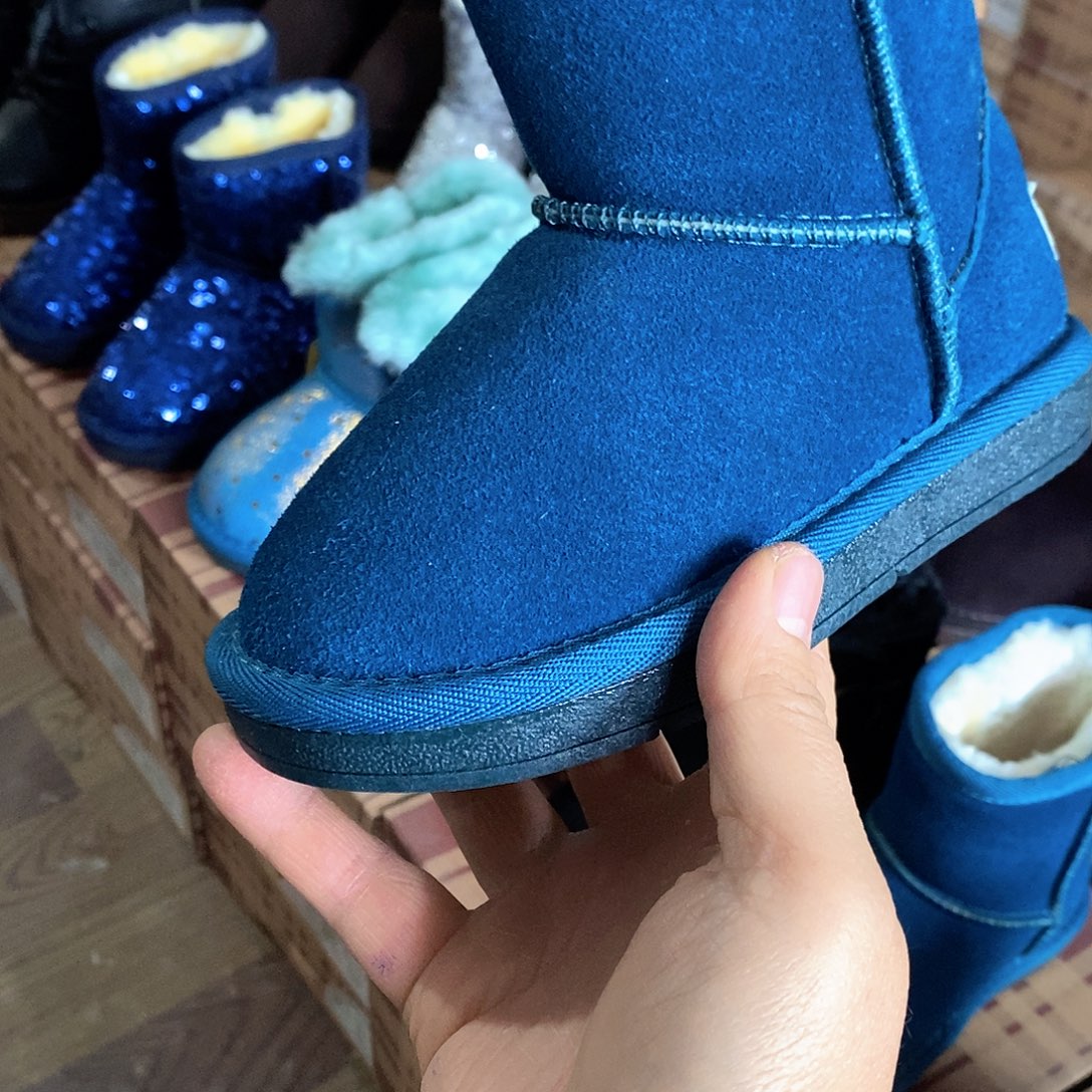微***）水牛剖层皮革牛皮雪地靴30蓝色