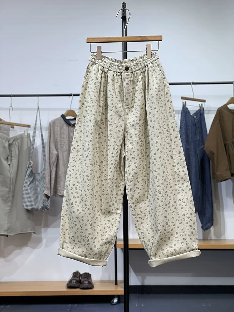 上新松紧腰杏色印花韩版时尚休闲裤高品文艺女裤