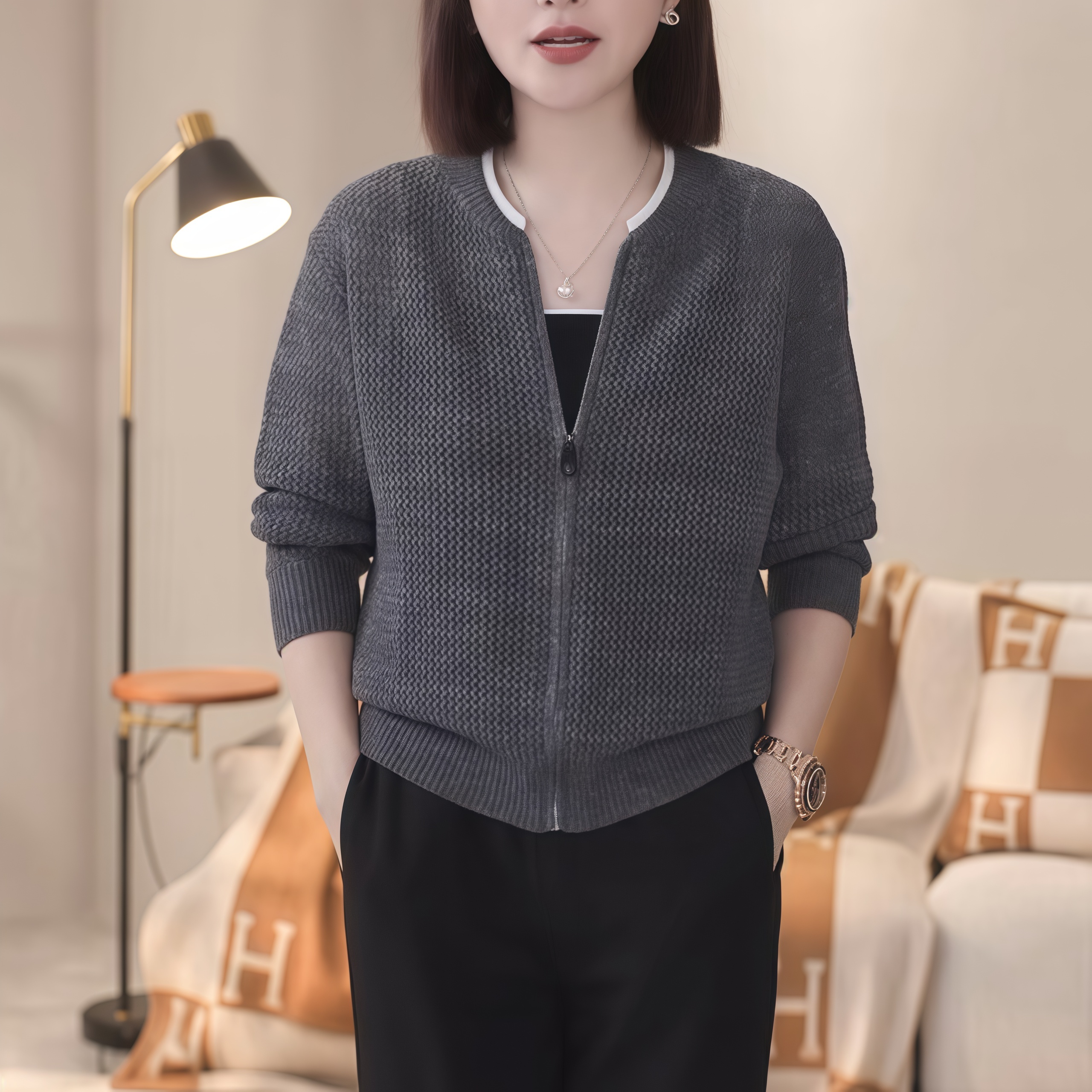 2025秋季慵懒风小众简约镂空设计感圆领针织洋气百搭拉链显瘦上衣