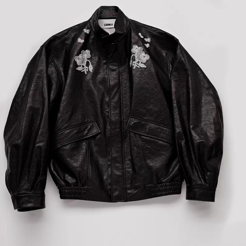 LAOWLA劳拉设计师品牌25秋冬花卉刺绣细节真皮夹克