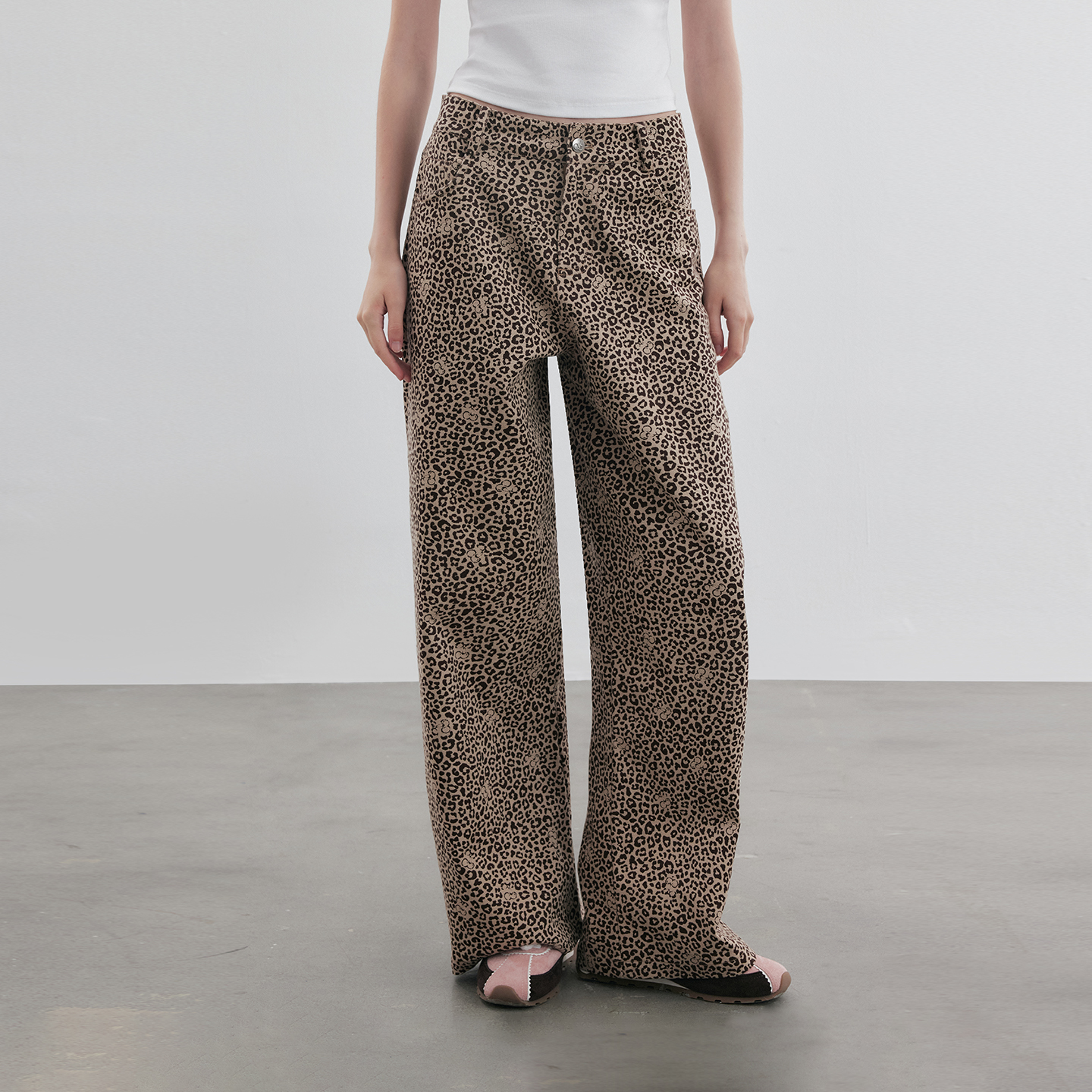 樱桃KIRSH 韩系豹纹印花休闲长裤女2025秋新款宽松阔腿甜美长裤