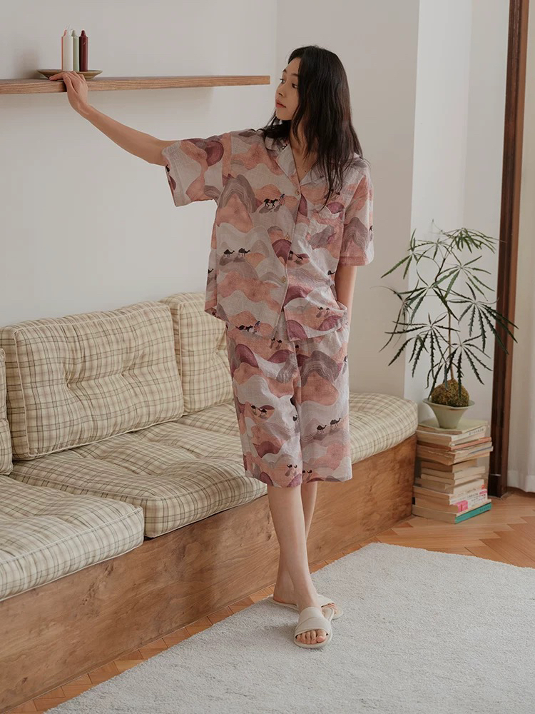 251-105 朵朵可可睡衣女2025夏季新款竹节沙漠印花短袖短裤家居服
