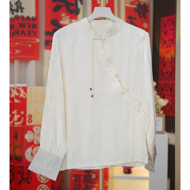 宋锦袖口-白皮纱桑蚕丝女百搭打底上衣衬衫
