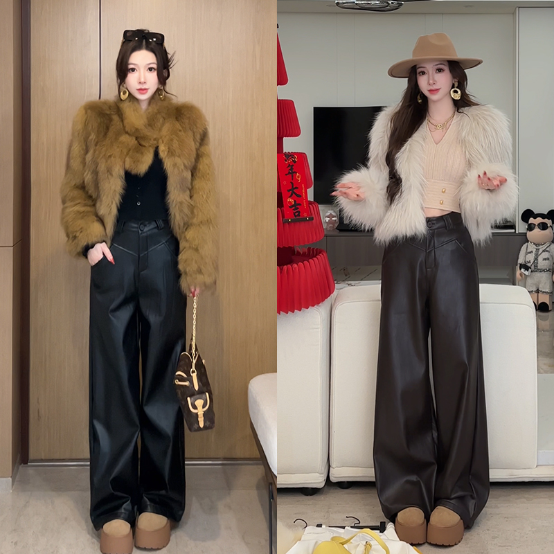 小雨姐姐【暖酷直筒】加绒直筒宽松皮裤女秋冬高腰显瘦外穿休闲裤女