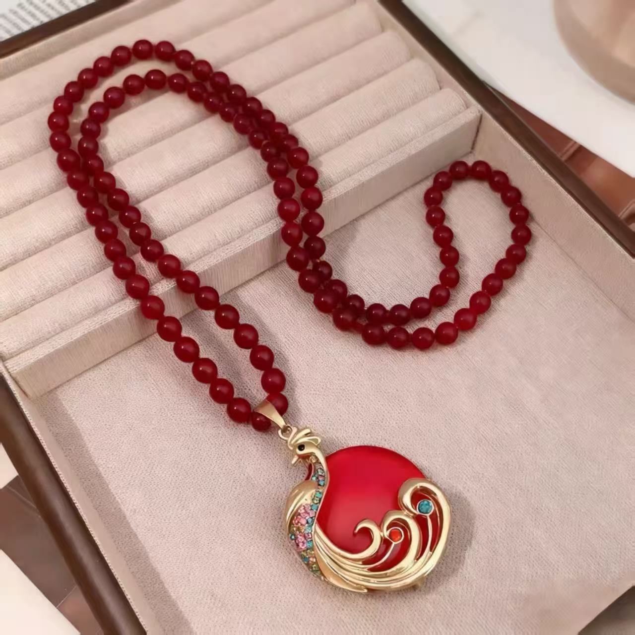 非金属仿水晶项链 红色凤求凰妈妈时尚手工气质毛衣链M029饰品