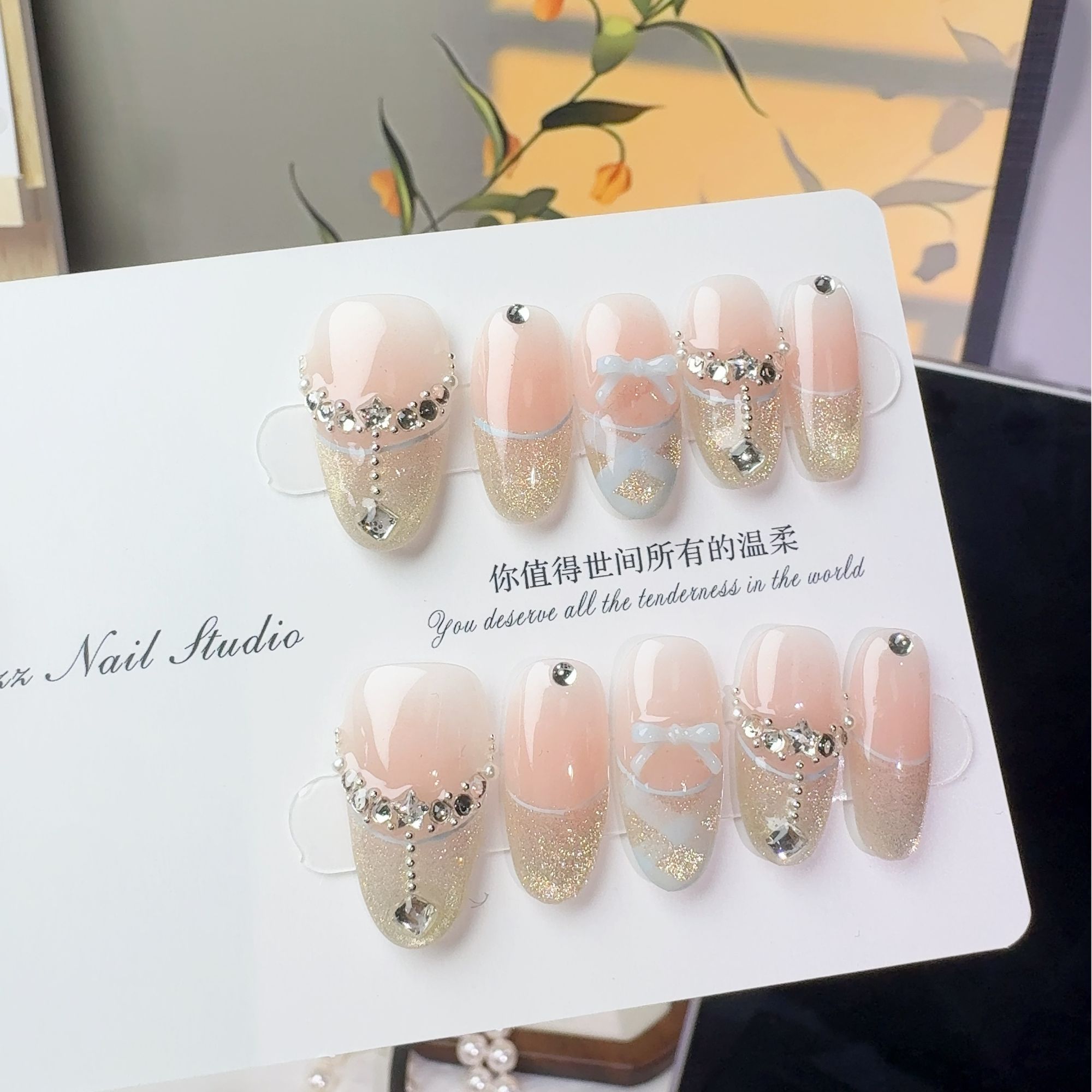 【106-金粉世家】粉色气质蝴蝶结堆钻设计甜美穿戴甲