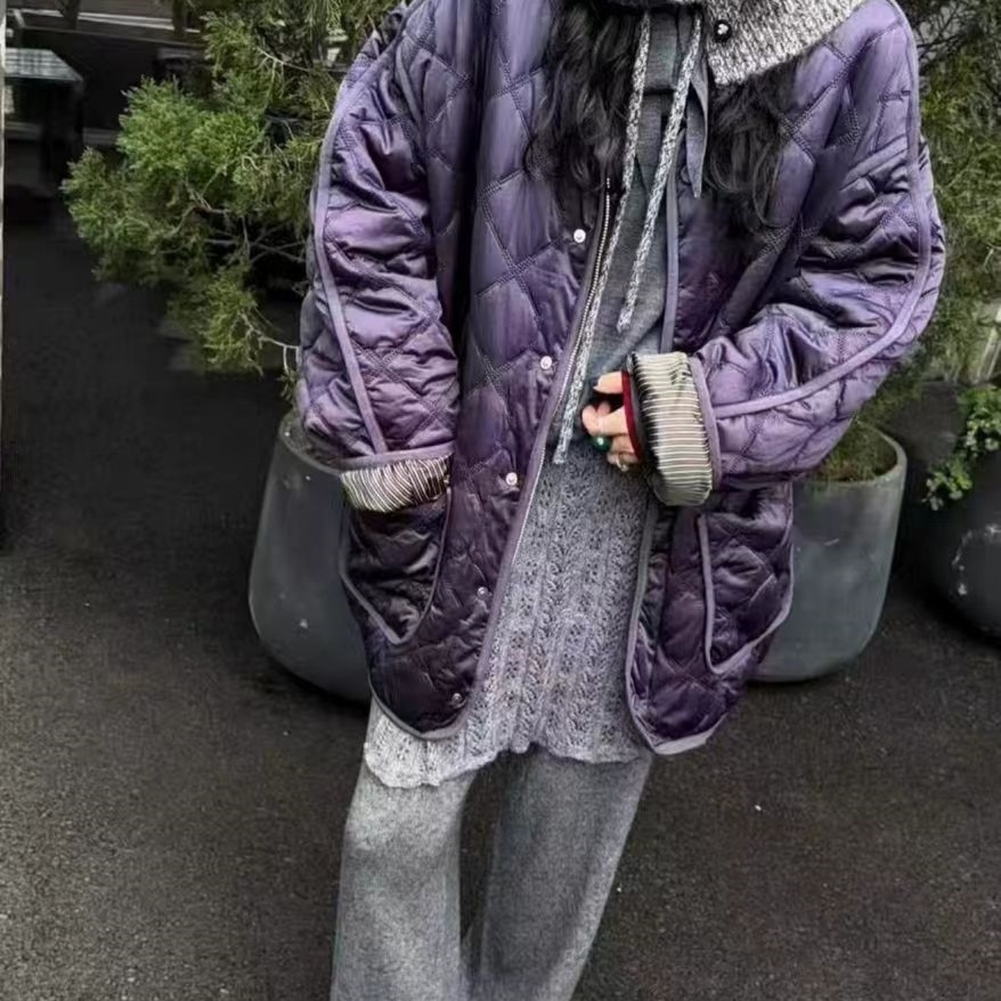 现货【AS菱格轻薄中长款棉服】小众品牌新款单排扣压线圆领外套女