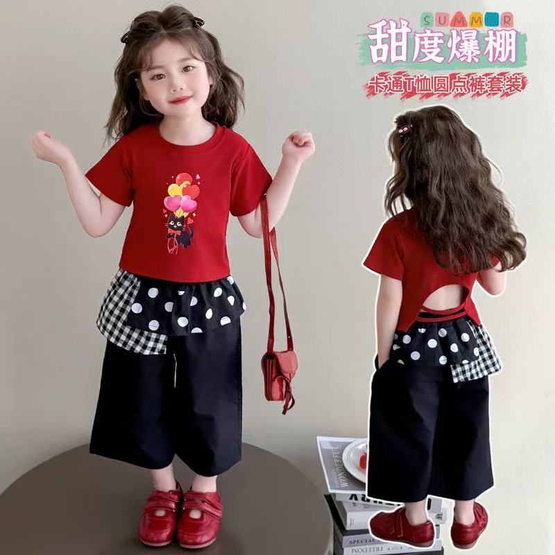 A-Y690女童夏季套装红色露背气球猫咪短袖格子圆点拼接裤子两件套