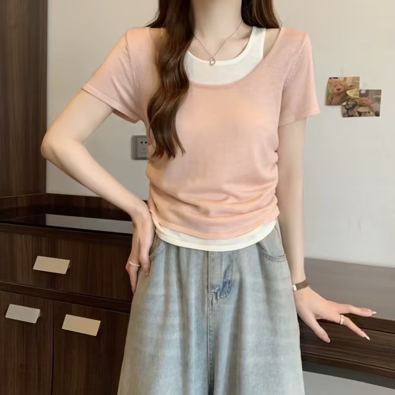 【龙哥专属】设计感小众假两件女夏款褶皱卡腰短袖冰丝T恤显瘦正肩