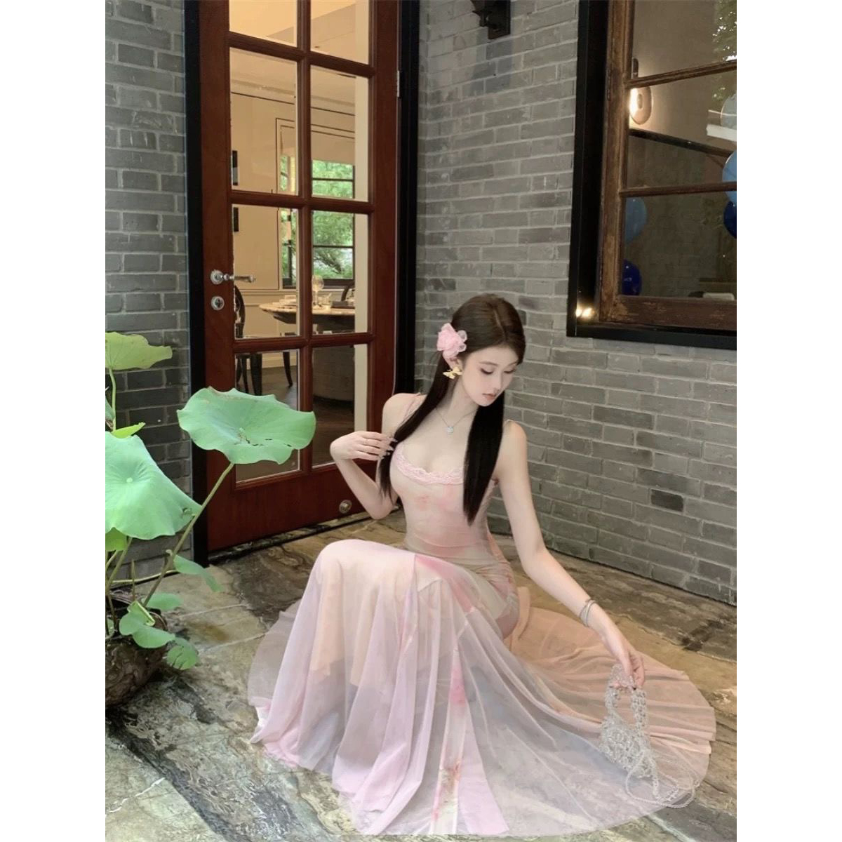千语栀【樱花际遇】绝美假日碎花裙子纯欲海边长裙粉色水墨画吊带裙